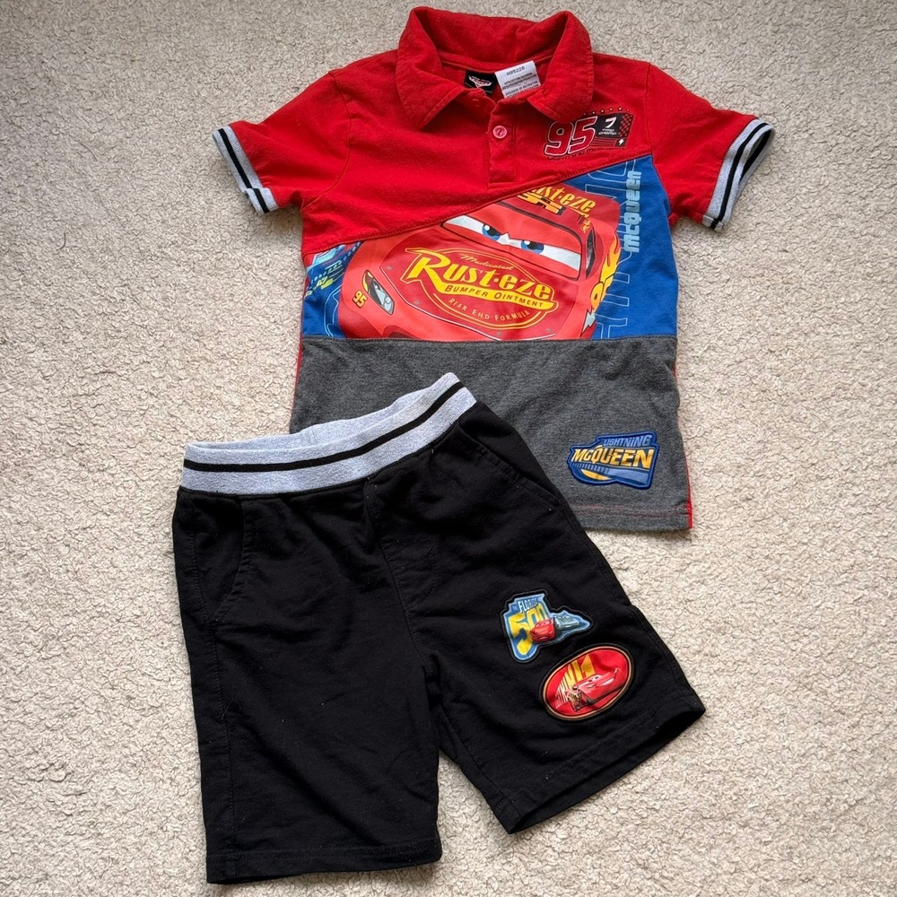 Disney Pixar Cars Lightning McQueen Polo Shirt and Shorts Set Boys Size 5 Red